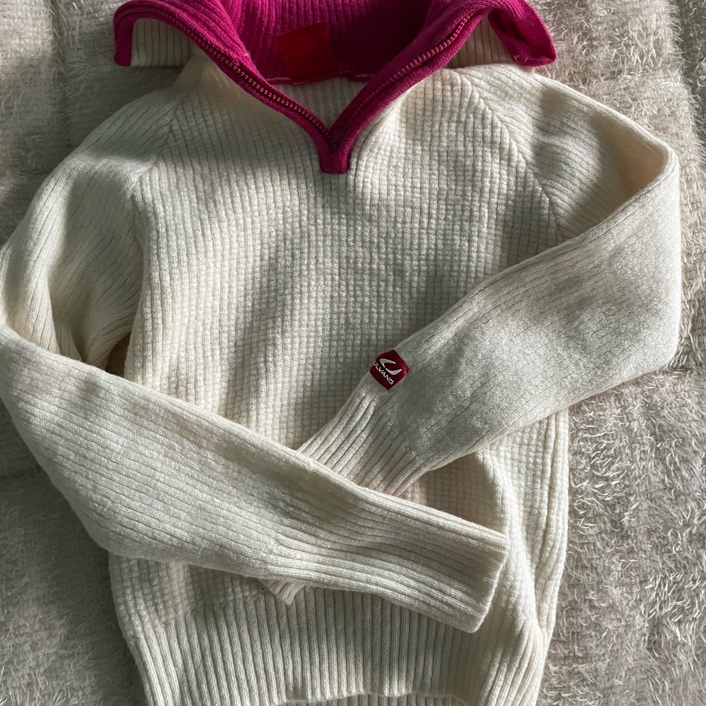 Unisex Ulvang Rav Sweater Pink and White Sustainable 100% Wool Pullover
